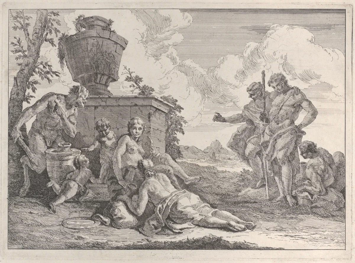 Satyr with Club and Seven Figures, from "Bacchanals and Histories" by Francesco Fontebasso, print, 1744