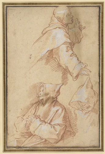 Studies van drie kluizenaars by Abraham Bloemaert, drawing, 1574-1651