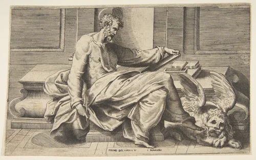 Saint Mark writing his Gospel, a winged lion at the right by Giulio Bonasone, print, 1531-1576