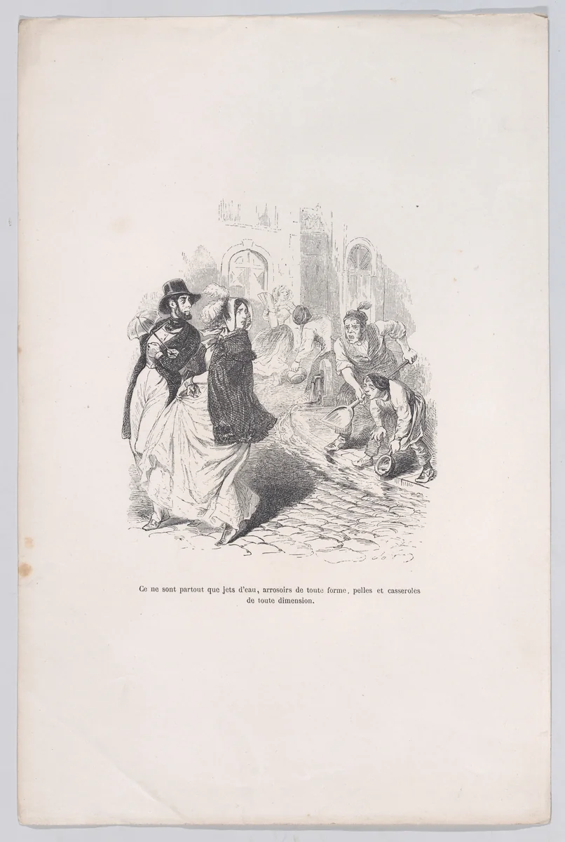 Only everywhere are water faucets, watering cans of any shape, shovels and pots of any size, from "Little Miseries of Human Life" by J. J. Grandville, print, 1843