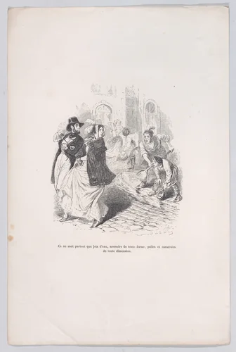 Only everywhere are water faucets, watering cans of any shape, shovels and pots of any size, from "Little Miseries of Human Life" by J. J. Grandville, print, 1843