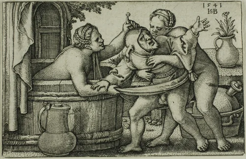 Buffoon and Two Bathing Women by Sebald Beham, print, 1541