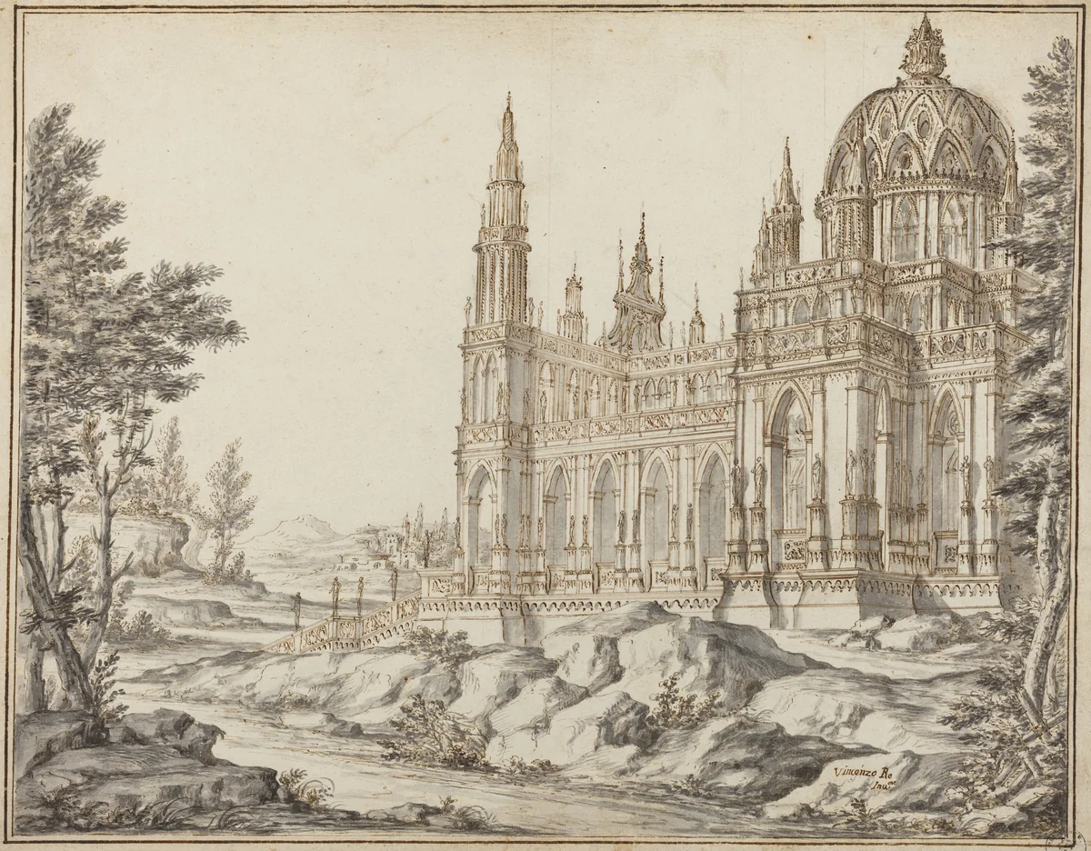 Cathedral in a Landscape by Vincenzo dal Re, drawing, 1682-1762