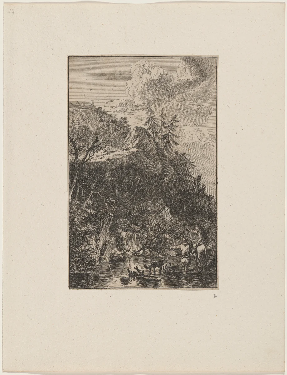 A Woman with a Horse and a Standing Man by Joachim Franz Beich, print, 1700-1725