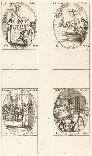 St. Eleutherius, Abbot; St. Regina; St. John; The Nativity of the Virgin by Jacques Callot, print, 1627-1637
