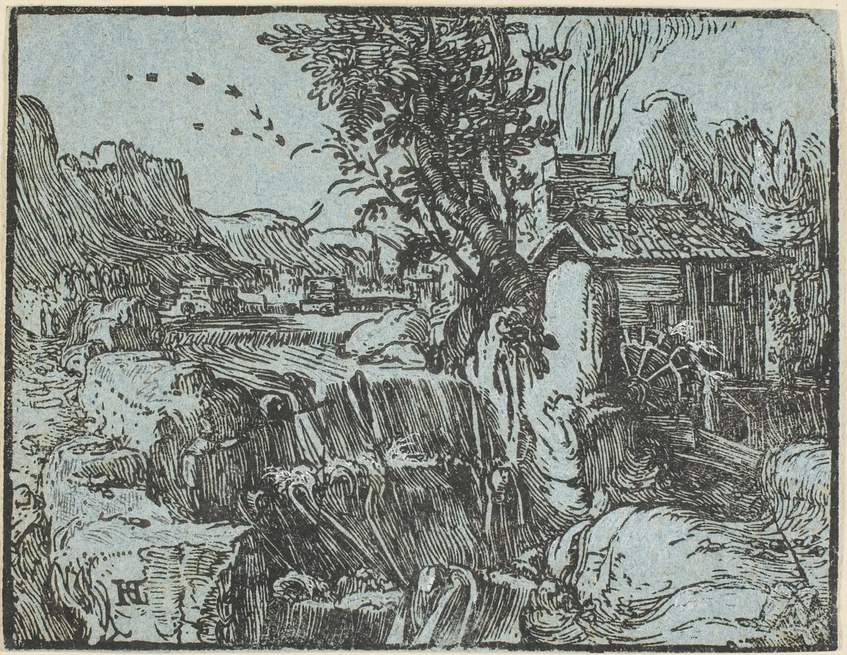 Landscape with a Waterfall, from Four Small Landscapes by Hendrick Goltzius, print, 1592-1600