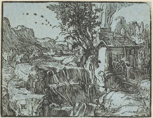 Landscape with a Waterfall, from Four Small Landscapes by Hendrick Goltzius, print, 1592-1600