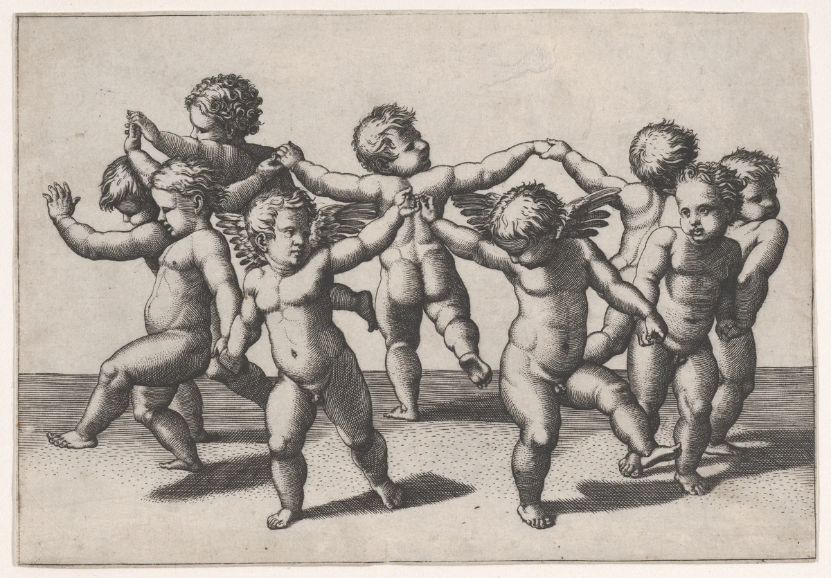 Putti dancing in a circle by Marcantonio Raimondi, print, 1512-1525