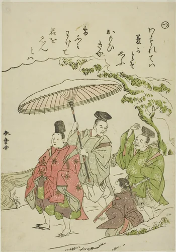 "Tsu": Narihira in the Snow at Ono, from the series "Tales of Ise in Fashionable Brocade Pictures (Furyu nishiki-e Ise monogatari)" by Katsukawa Shunsho (勝川 春章), print, 1767-1778