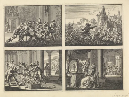 Hertog van Guise in het kasteel te Blois vermoord, 1588 / Afgeslagen bestorming van de muren van Livron, door de Hugenoten verdedigd, 1574 / Dienaren van de hertog van Aumale trachten de ratten in zijn doodskist te verjagen, 1591 / Italiaanse tovenaar laat Catharina de' Medici in een spiegel de toekomst van haar zonen zien, ca. 1560 by Jan Luyken, print, 1698