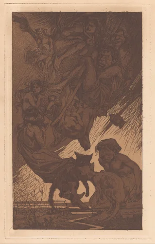 Zwevende mensen, fantasiewezens en katten by Johannes Josephus Aarts, print, 1881-1934