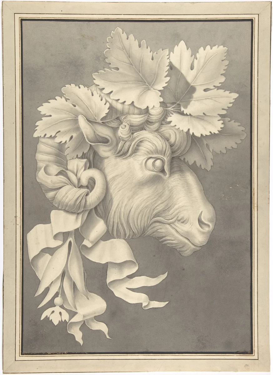 Decorative Ram's Head by anonymous, drawing, 1800-1850