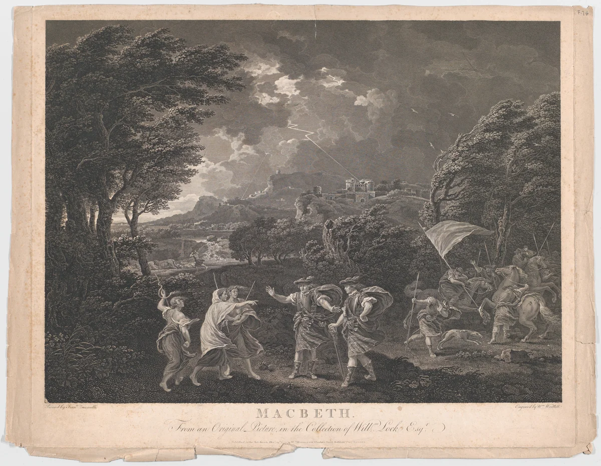 Macbeth and the Witches (Shakespeare, Macbeth, Act 1, Scene 1) by William Woollett, print, 1770