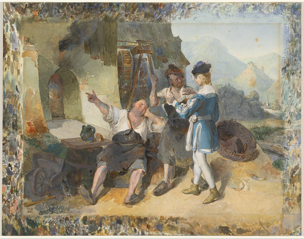 Fridolin and Two Workmen by the Forge by Peter Fendi, drawing, 1833