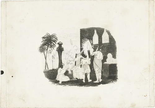 Groepje muzikanten speelt 's nachts voor het raam van een vrouw by Henricus Wilhelmus Couwenberg, print, 1830-1845