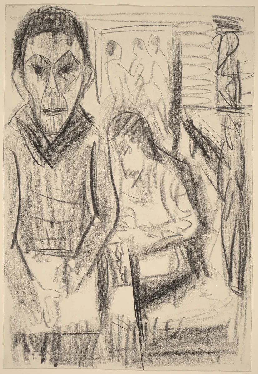 Self-Portrait in the Studio (Selbstbildnis im Atelier) by Ernst Ludwig Kirchner, drawing, 1923
