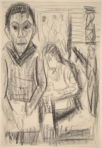 Self-Portrait in the Studio (Selbstbildnis im Atelier) by Ernst Ludwig Kirchner, drawing, 1923