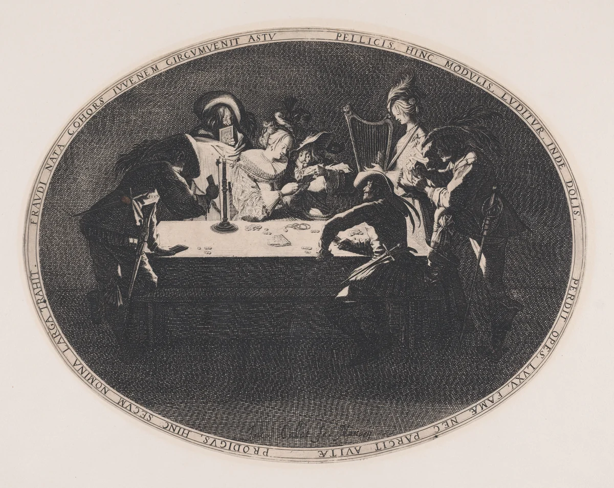 Le Brelan, pièce appelée aussi Les Joueurs de Cartes et L'Enfant Produgue Trompé par une Troupe de Filous (Three of a Kind, also called The Card Players and The Prodigal Son Tricked by a Group of Thieves) by Jacques Callot, print, 1628-1629