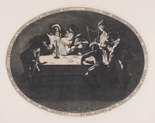 Le Brelan, pièce appelée aussi Les Joueurs de Cartes et L'Enfant Produgue Trompé par une Troupe de Filous (Three of a Kind, also called The Card Players and The Prodigal Son Tricked by a Group of Thieves) by Jacques Callot, print, 1628-1629