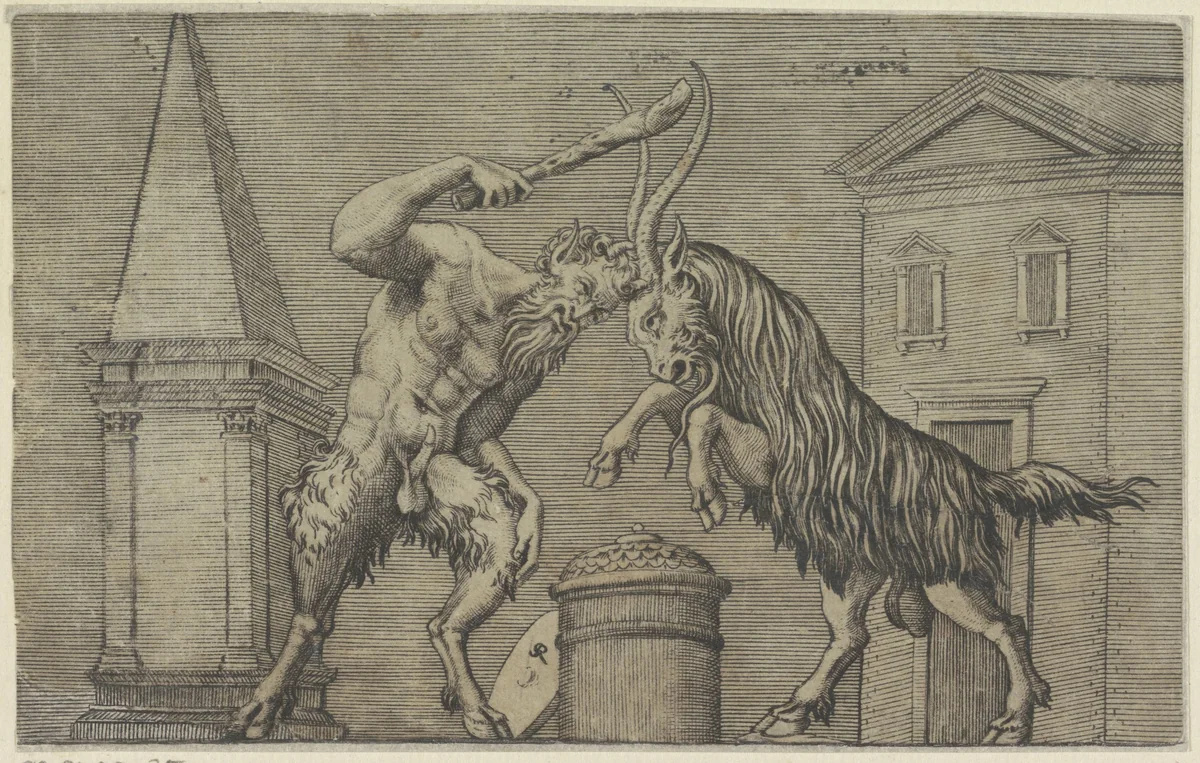 Sater en ram in gevecht by Unknown, print, 1498-1532