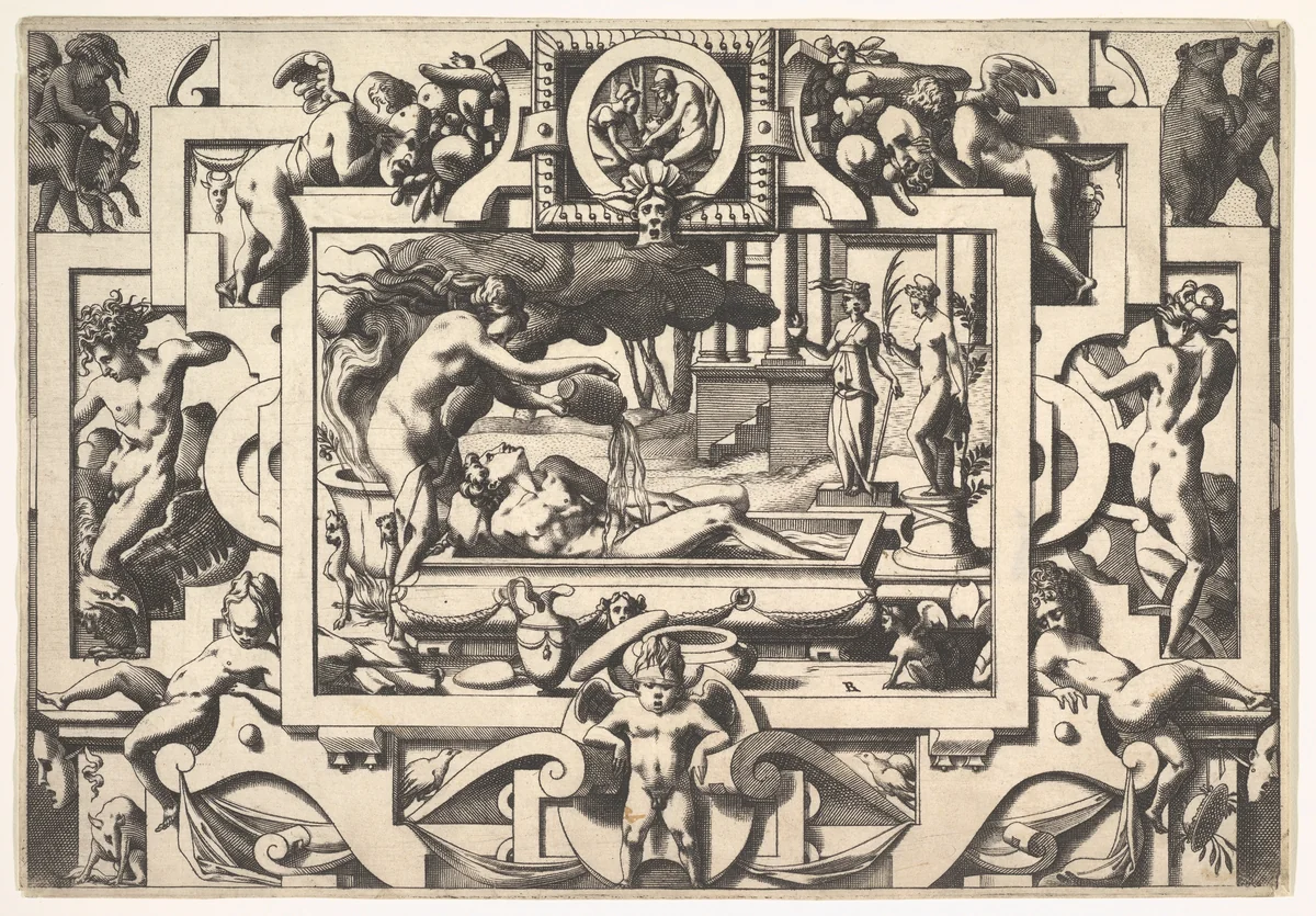 Medea Pours a Magic Potion over Jason (Le roi Aeson tant caduque et chénu en une cuve elle couche tout nu...), from "Jason and the Golden Fleece" by René Boyvin, print, 1563
