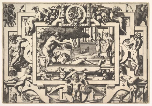 Medea Pours a Magic Potion over Jason (Le roi Aeson tant caduque et chénu en une cuve elle couche tout nu...), from "Jason and the Golden Fleece" by René Boyvin, print, 1563