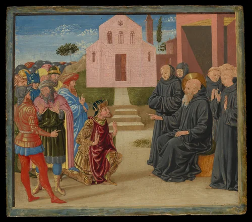Totila before Saint Benedict by Benozzo Gozzoli, painting, 1440-1497