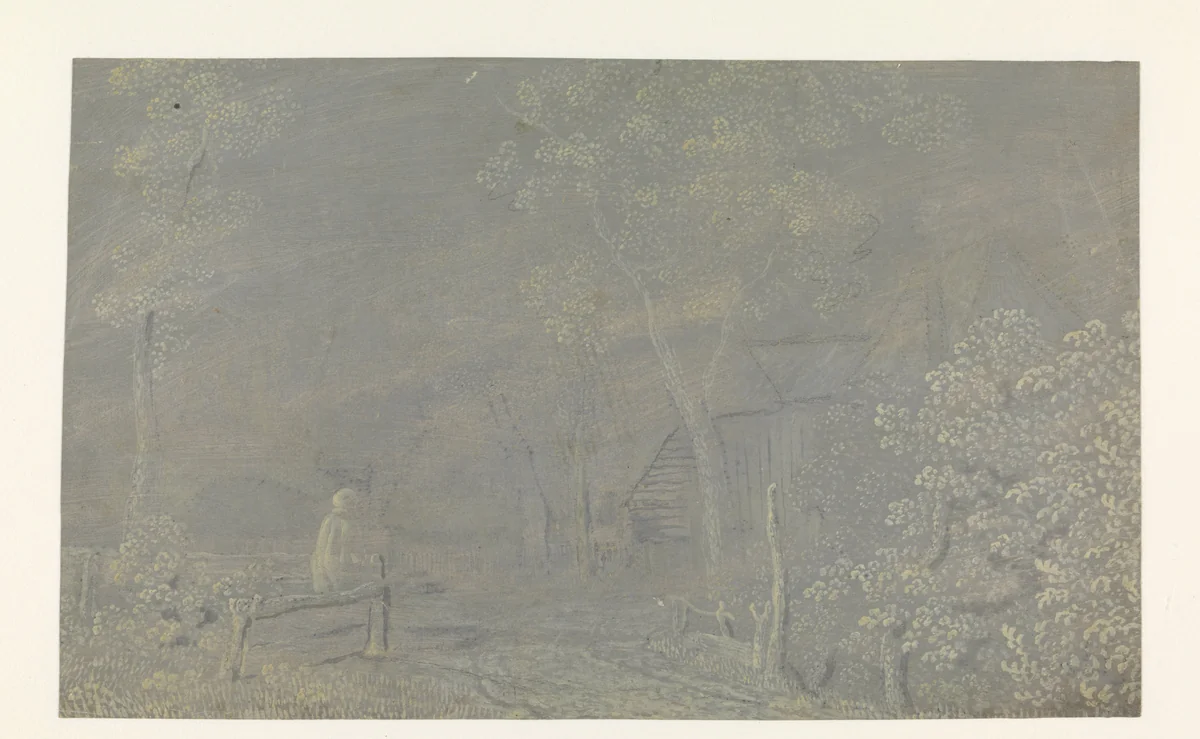 Boerenerf omgeven door bomen by Hercules Segers, drawing, 1618-1622