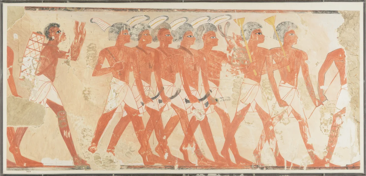 Military Musicians Showing Nubian and Egyptian Styles by Nina de Garis Davies, artwork, -1400