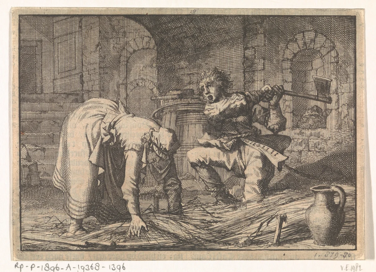 Man te Grosz-Gerau doodt zijn moeder met een bijl terwijl zij in de kelder een strobed maakt, 1616 by Jan Luyken, print, 1698