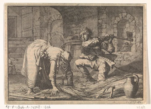 Man te Grosz-Gerau doodt zijn moeder met een bijl terwijl zij in de kelder een strobed maakt, 1616 by Jan Luyken, print, 1698