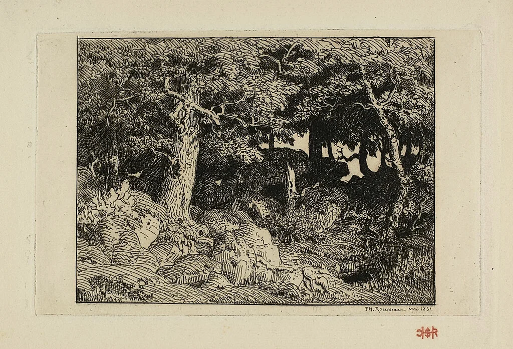 Rock Oaks by Théodore Rousseau, print, 1861