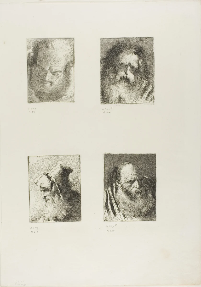 Old Man Looking Downwards, Old Man Seen from the Front, Profile of an Old Man with a Beard, Old Man in a Striped Robe by Giovanni Domenico Tiepolo, print, 1775