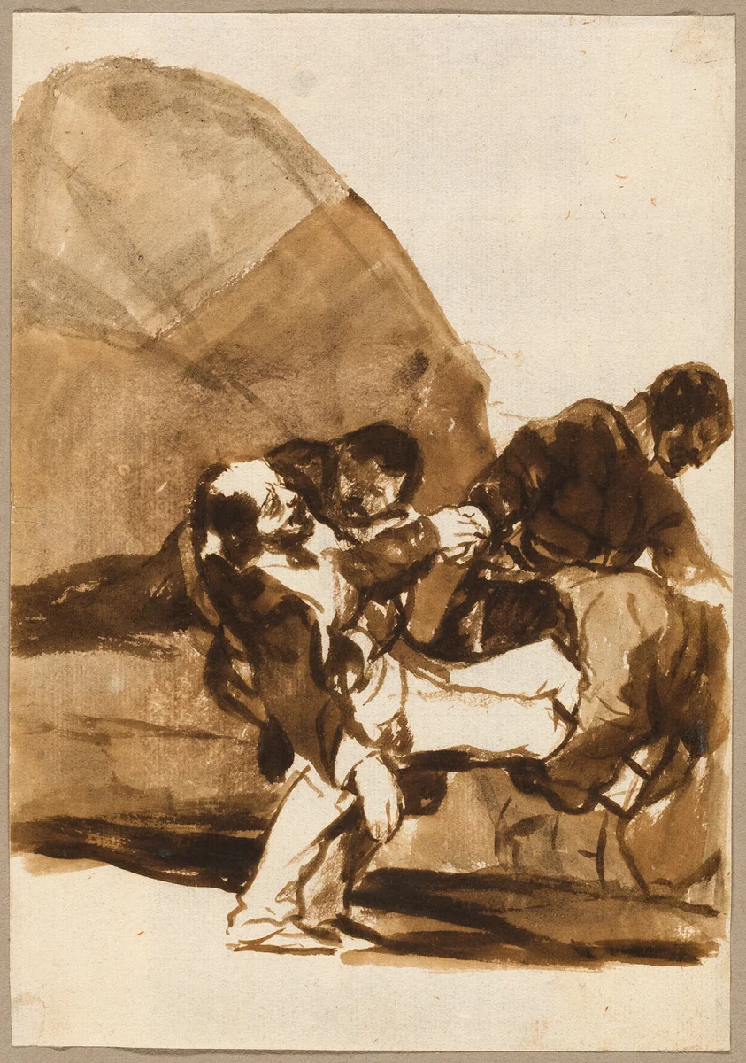 Three Men Carrying a Wounded Soldier, from the Images of Spain, Album F by Francisco José de Goya, drawing, 1812-1820