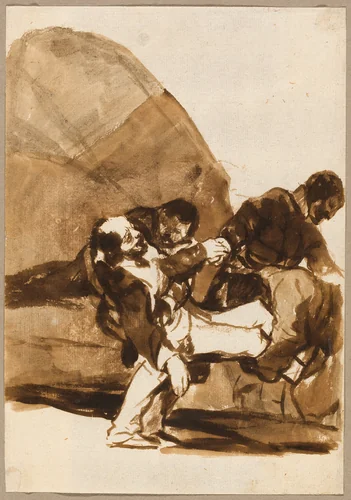 Three Men Carrying a Wounded Soldier, from the Images of Spain, Album F by Francisco José de Goya, drawing, 1812-1820