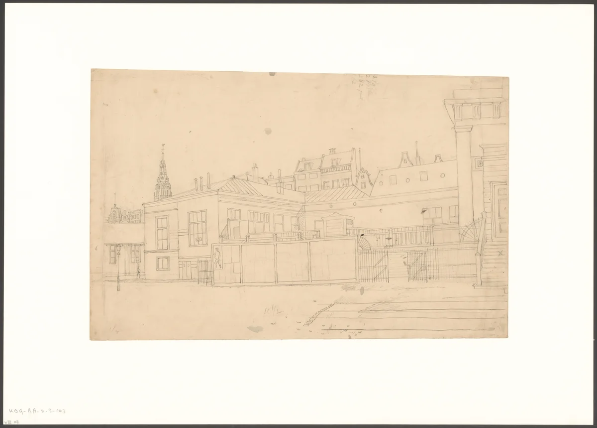 Gezicht op de Korenbeurs aan het Damrak by Johan Martinus Anthon Rieke, drawing, 1861-1884