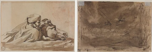 Man Clutching a Horse in Water, after Poussin's "Deluge" (recto); Compositional Study? (possibly for "Poussin's Deluge") (verso) by Théodore Géricault, drawing, 1811-1821
