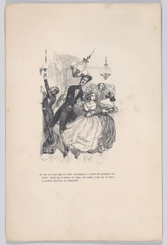 The head of the young fellow insolently mingled with the candlesticks of the chandelier, from "Little Miseries of Human Life" by J. J. Grandville, print, 1843