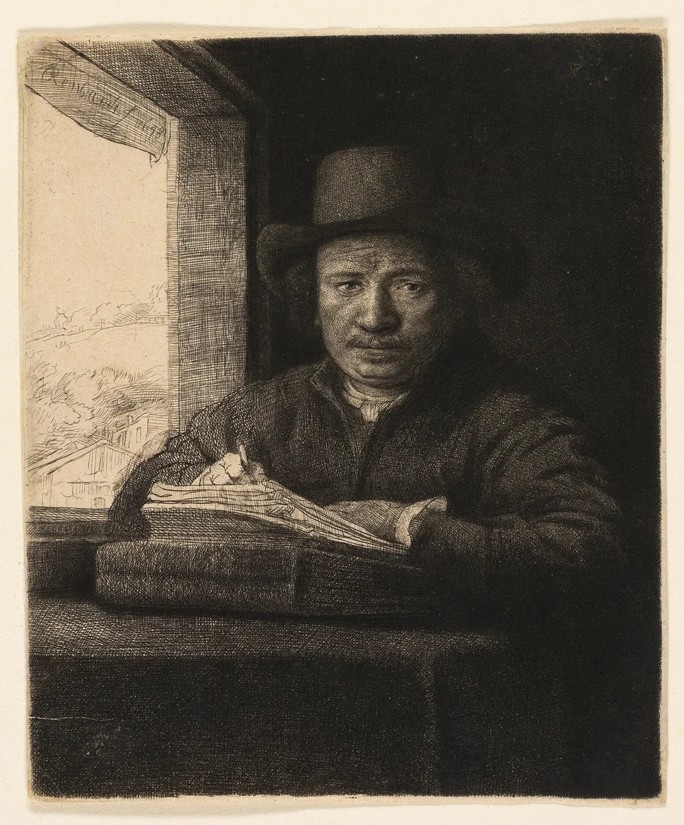 Self-Portrait Etching at a Window by Rembrandt van Rijn, print, 1648