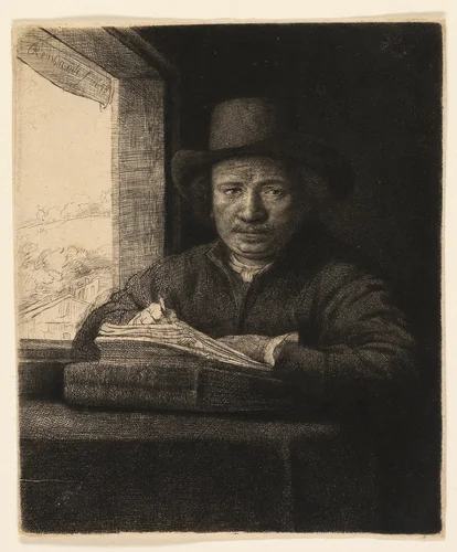 Self-Portrait Etching at a Window by Rembrandt van Rijn, print, 1648