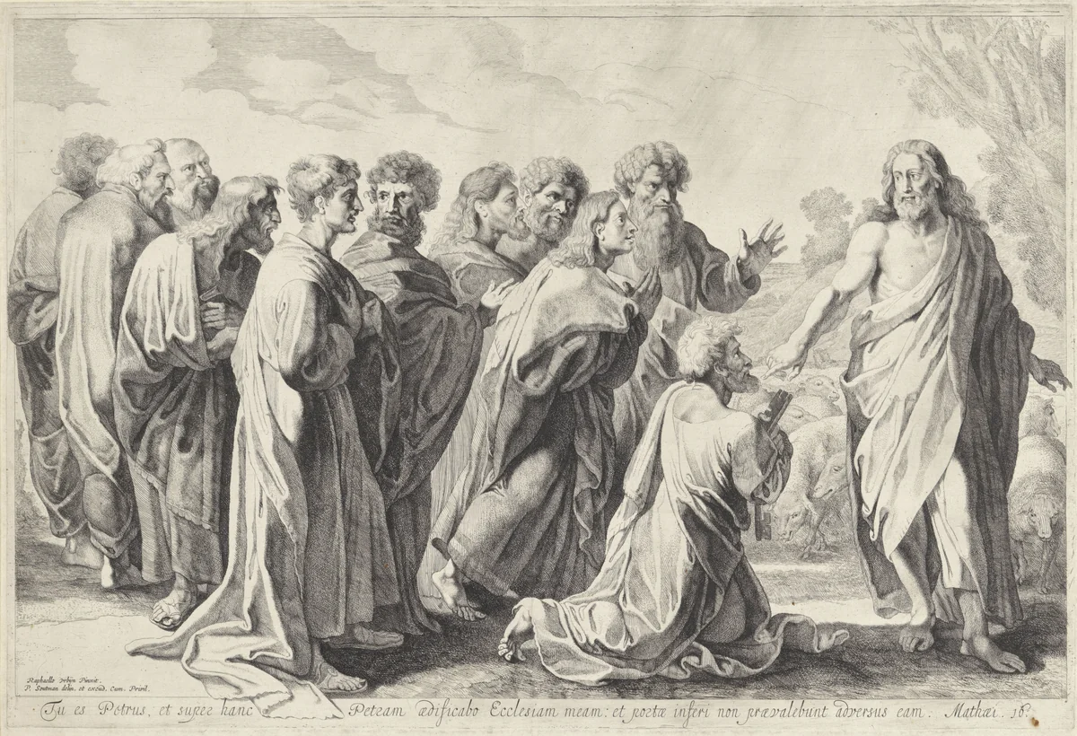 Christus geeft de sleutels van het koninkrijk van de hemel aan Petrus by Pieter Claesz. Soutman, print, 1616-1657