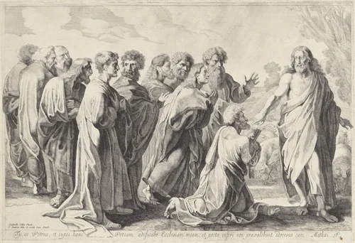 Christus geeft de sleutels van het koninkrijk van de hemel aan Petrus by Pieter Claesz. Soutman, print, 1616-1657