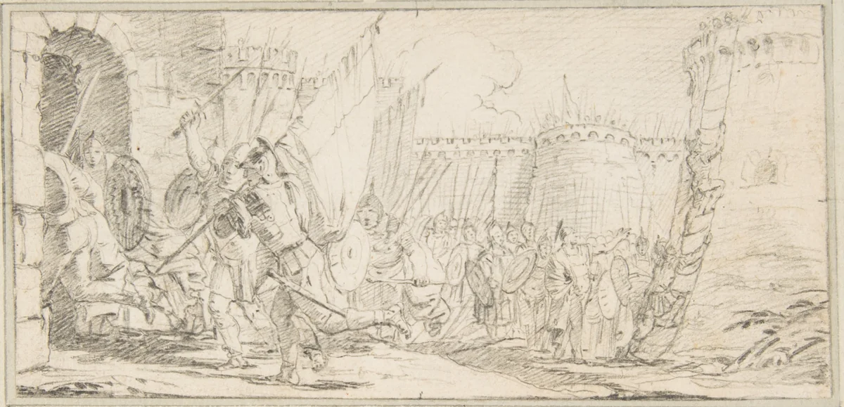 Illustration for a Book: Soldiers Storming a City by Giovanni Battista Tiepolo, drawing, 1696-1770