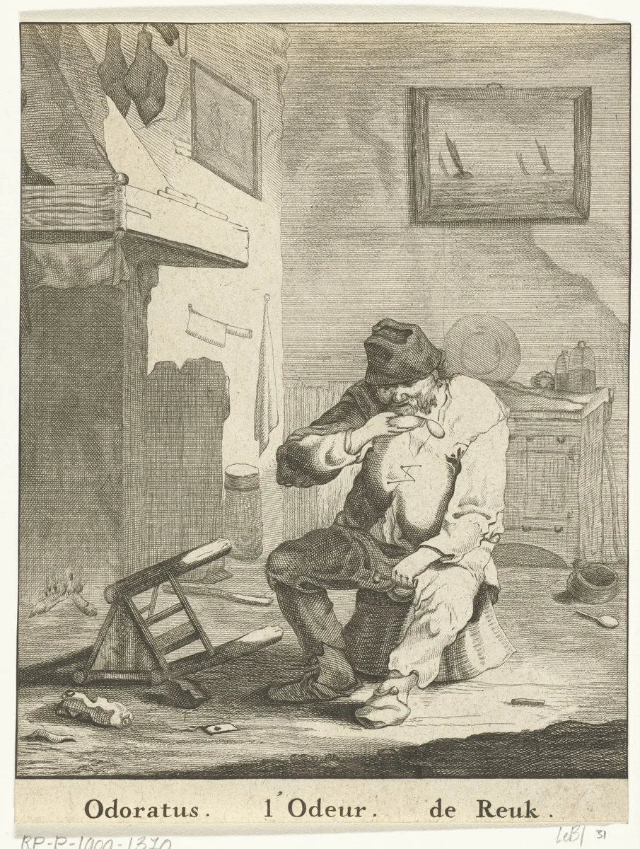 De Reuk: man met doos snuiftabak by Abraham de Blois, print, 1679-1717