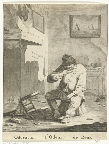 De Reuk: man met doos snuiftabak by Abraham de Blois, print, 1679-1717