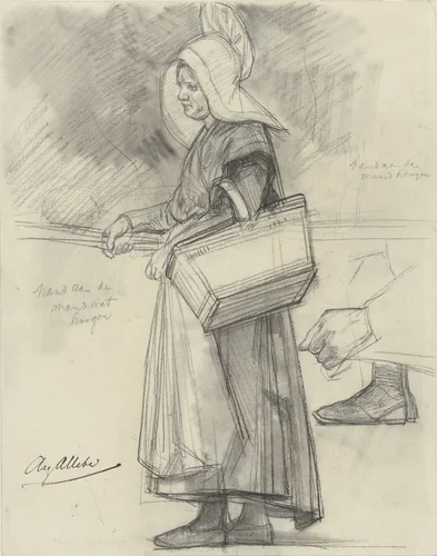 Studie van een staande boerin met een mand by August Allebé, drawing, 1848-1907