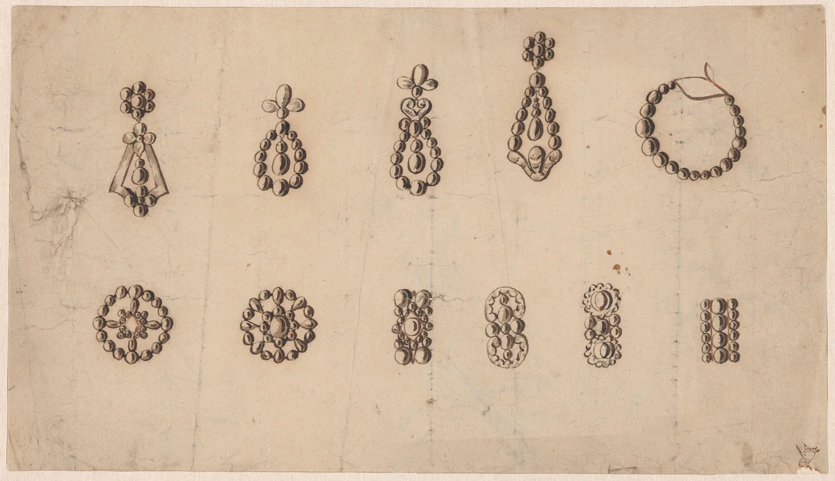 Vijf oorbellen en zes broches met parels by anonymous, drawing, 1800