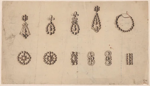 Vijf oorbellen en zes broches met parels by anonymous, drawing, 1800