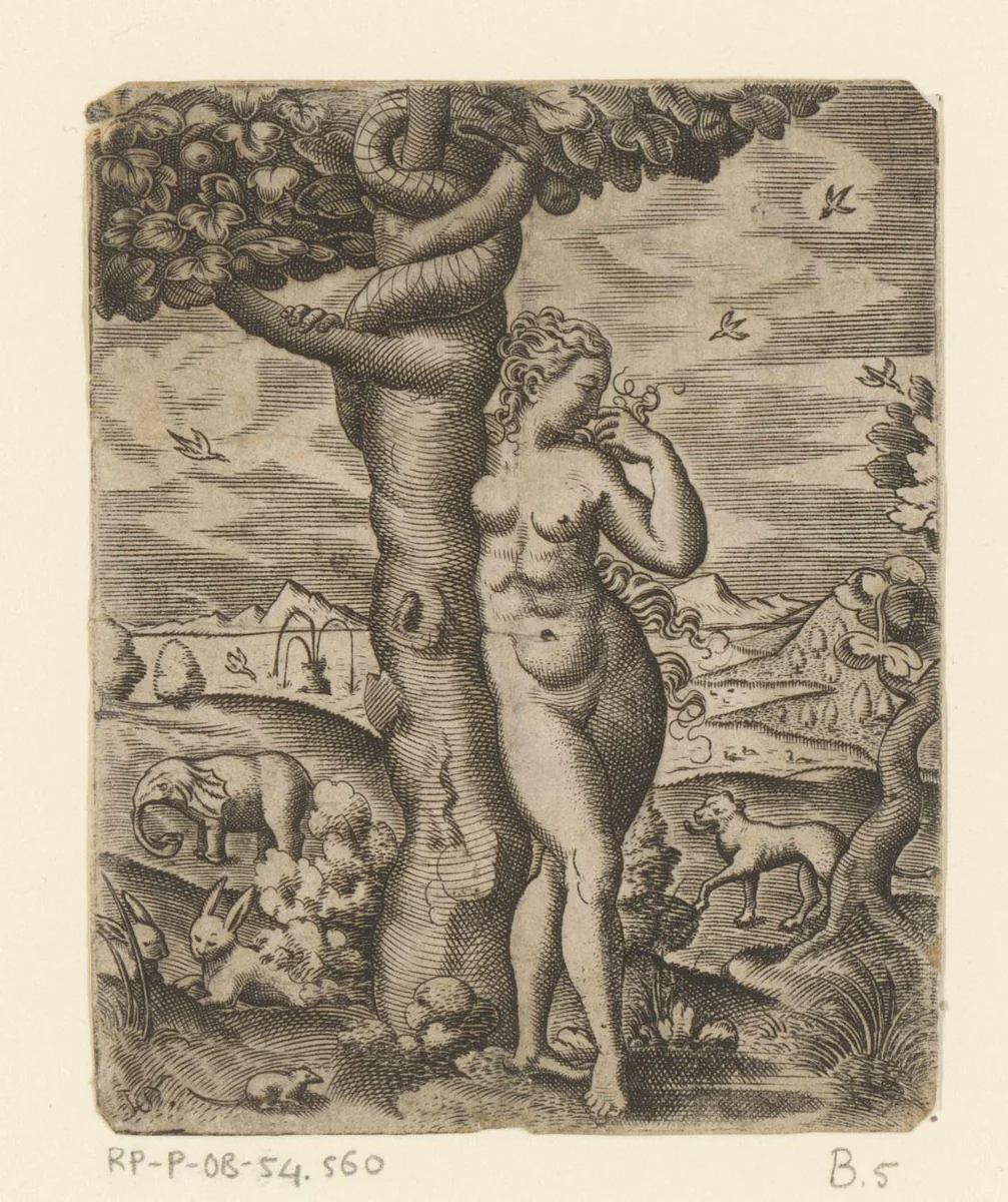 Eva bij de boom der kennis van goed en kwaad by Unknown, print, 1524-1562