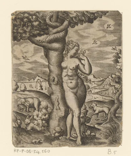 Eva bij de boom der kennis van goed en kwaad by Unknown, print, 1524-1562